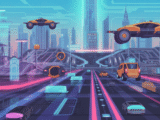 Futuristic cityscape with flying vehicles and glowing neon lights against a twilight sky