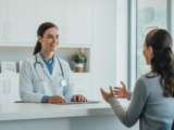 Modern urgent care clinic reception with a healthcare professional and patient, representing accessible and efficient medical care.