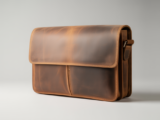 Close-up of rich brown full-grain leather on a vintage messenger bag, highlighting its natural texture and developing patina.