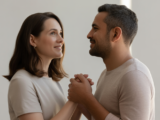Diverse couple holding hands with hopeful expressions, symbolizing the journey to family building through egg donation.