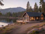 Modern cabin with large windows overlooking Big Bear Lake at sunset, surrounded by pine trees and mountains