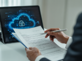A professional hand pointing at a legal document on a desk, with a blurred background of abstract digital cloud services, symbolizing a specialized SaaS contracts lawyer protecting a business.
