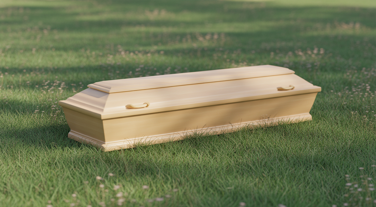 A serene natural burial site in Southern California with a biodegradable casket or shroud, emphasizing eco-friendly end-of-life options