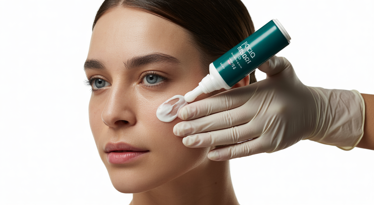 Woman receiving a professional microneedling treatment on her face in a skincare clinic
