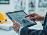 Digital construction planning on a tablet, symbolizing efficiency and modern project management workflows for successful projects.
