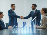Two business professionals shaking hands over a table with digital growth charts, symbolizing partnership in digital marketing for business growth.