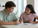 Photorealistic image of a parent and teenager at a desk reviewing college planning documents, symbolizing college planning guidance for parents