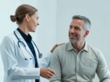 Photorealistic image of a doctor and patient in a clean clinic illustrating personalized concierge medicine care