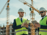 Photorealistic hero image of a modern construction site with digital project management in use