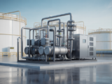 High-quality photograph of a vapour recovery unit system at an industrial fuel terminal with storage tanks and pipelines on a neutral background