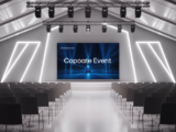 Photorealistic image of a professional corporate event setup with stage and seating in a modern conference room
