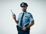 Professional security guard in uniform standing confidently against a white background