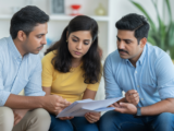 Indian family engaged in college financial aid planning with documents on a table against a white background