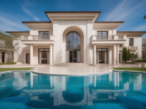 Luxury modern villa with elegant architecture, bright natural light, inviting exterior design on clean white background