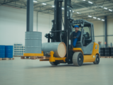 High-quality professional photograph of industrial drum handling equipment being used by a worker in a clean warehouse environment