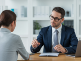 Photorealistic image of a terms and conditions lawyer consulting a client in a modern office setting with clean neutral background