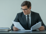 Photorealistic image of a professional lawyer reviewing legal terms and conditions documents in a modern office setting with a clean white background